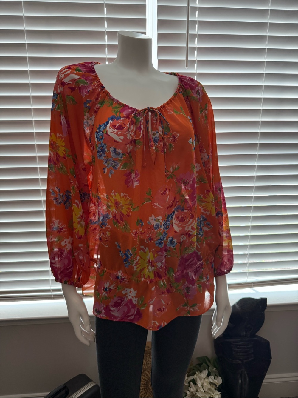 Chaps Ralph Lauren Vibrant Floral Peasant Blouse Sheer Chiffon Orange